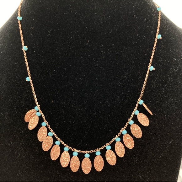 Rose Gold Tone Botanical Themed Necklace with Turquoise Colored Faceted Beads - Picture 2 of 7